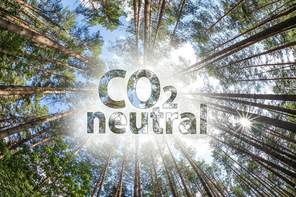 Blick von unten nach oben in Baumkronen mit dem Text CO2 neutral.