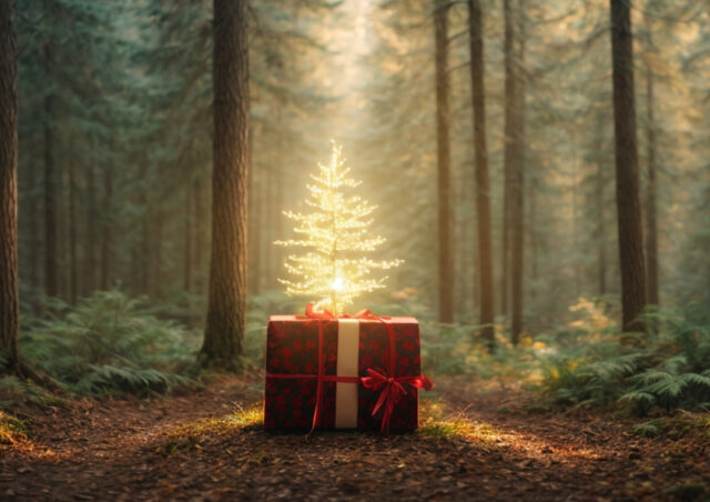 Ein Geschenk mit einem leuchtenden Bäumchen liegt auf einer schönen Lichtung im Wald